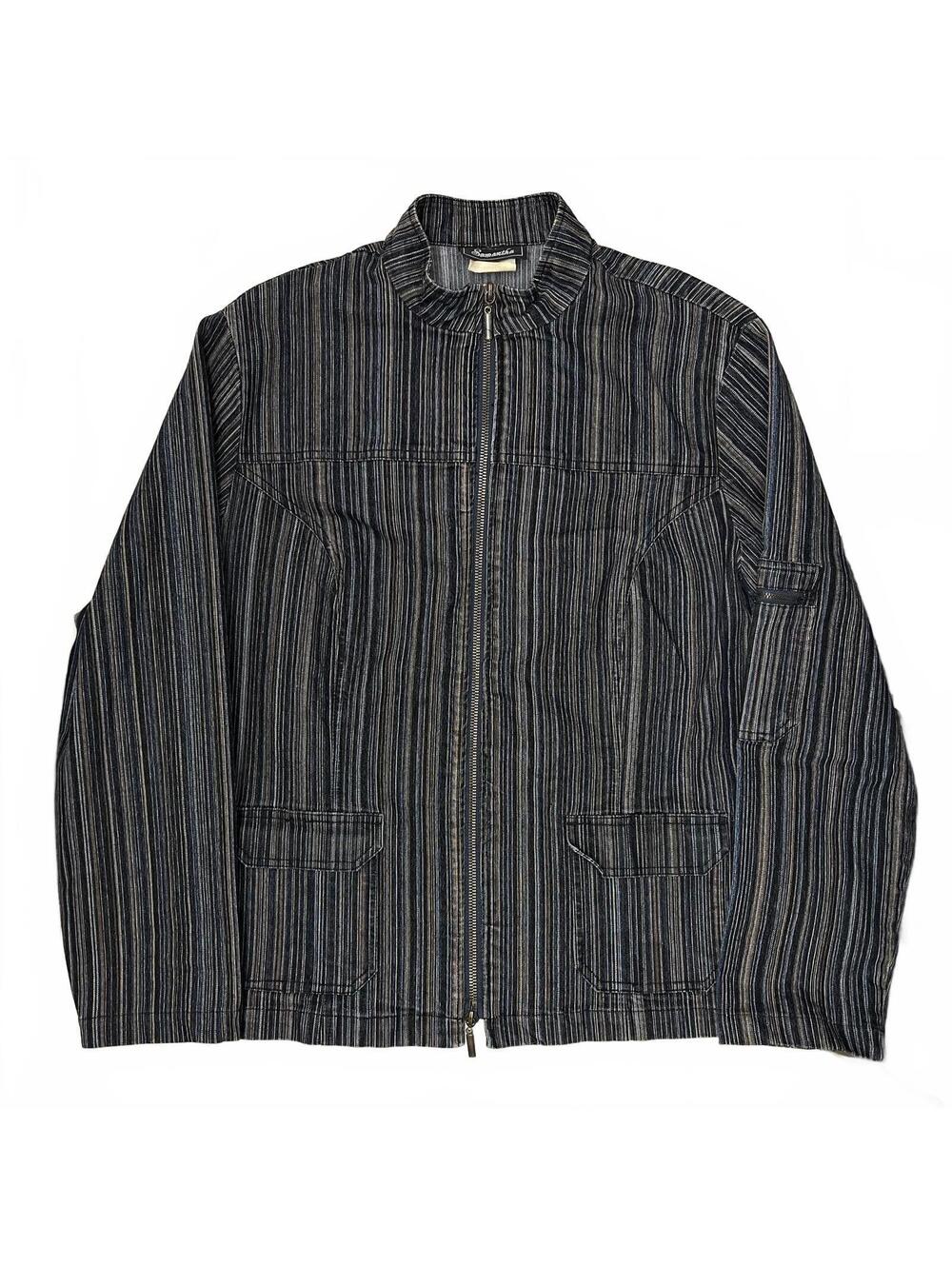 Vintage 90s Grunge Sz L Navy Blue Striped High Neck Denim Jacket Double Zippers